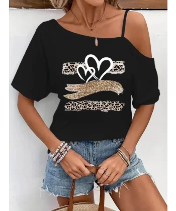 Kadın Tek Omuzu Açık Ip Askılı Baskılı Viskon Bluz