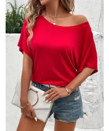 Kadın Tek Omuzu Açık Kısa Kollu Salaş Viskon Bluz