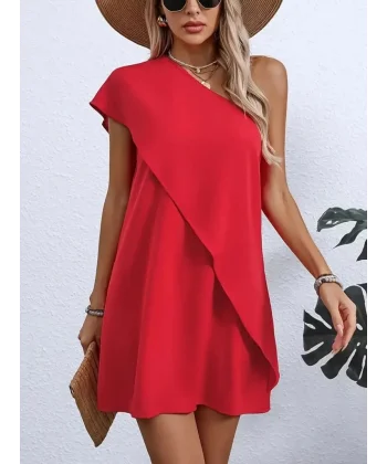 Kadın Tek Omuzu Açık önü Asimetrik Kesim Detaylı Sandy Elbise