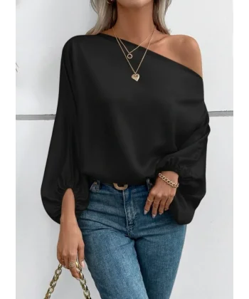 Kadın Tek Omuzu Açık Uzun Kollu Salaş Sandy Bluz