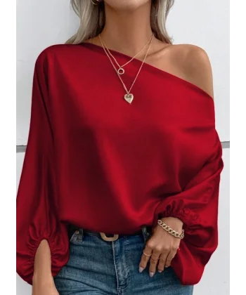 Kadın Tek Omuzu Açık Uzun Kollu Salaş Sandy Bluz