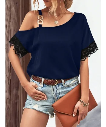 Kadın Tek Omuzu Askılı Kısa Kollu Toka Detaylı Dantelli Viskon Bluz