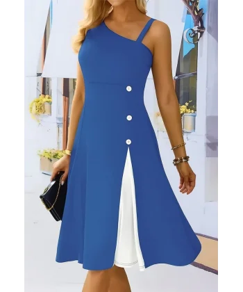 Kadın Tek Omuzu şerit Detaylı Kolsuz Yandan Düğme Detaylı Janjan Krep Elbise