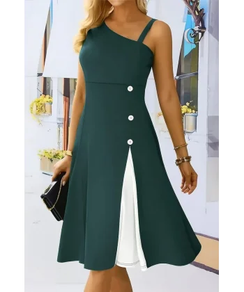 Kadın Tek Omuzu şerit Detaylı Kolsuz Yandan Düğme Detaylı Janjan Krep Elbise