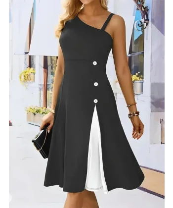 Kadın Tek Omuzu şerit Detaylı Kolsuz Yandan Düğme Detaylı Janjan Krep Elbise