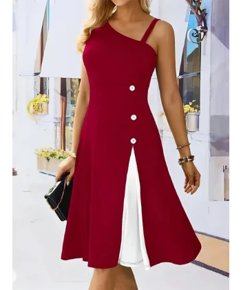 Kadın Tek Omuzu şerit Detaylı Kolsuz Yandan Düğme Detaylı Janjan Krep Elbise