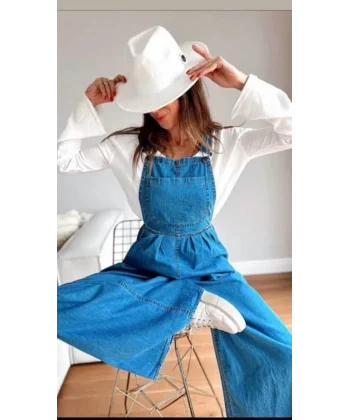 Kadın Tensel Kot Tulum - Mavi