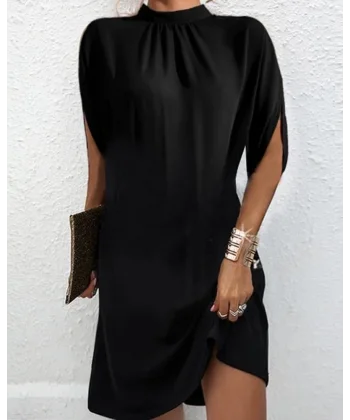 Kadın Ters Kol Detaylı Yarım Boğazlı Viskon Kumaş Mini Boy Elbise