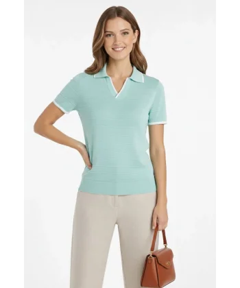 Kadın Triko Kumaş Yakalı Düğmesiz Açık Yaka Fitilli Kısa Kollu Regular Fit Tişört T-shirt - Mint Yeşili