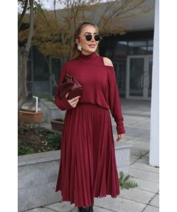 Kadın Triko Plise Ve Tül Detay Iki Parça Elbise