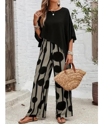 Kadın Truvakar Kol Bisiklet Yaka Asimetrik Dikişsiz Sandy Pelerin Bluz Ve Desenli Pantolon Ikili Takım