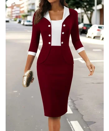 Kadın Truvakar Kol çift Renkli Düğmeli Kısa Ithal Krep Elbise