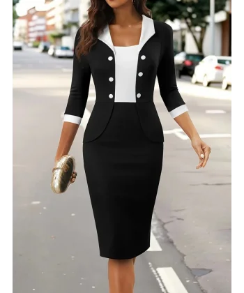 Kadın Truvakar Kol çift Renkli Düğmeli Kısa Ithal Krep Elbise