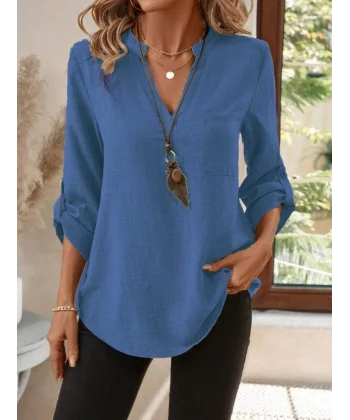 Kadın Truvakar Kol V Yakalı Keten Bluz