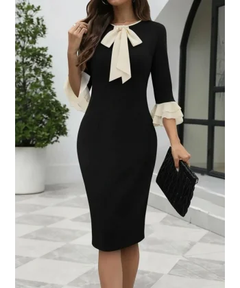 Kadın Truvakar Kollu Fiyonk Yakalı Midi Ithal Krep Elbise