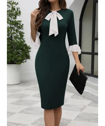 Kadın Truvakar Kollu Fiyonk Yakalı Midi Ithal Krep Elbise