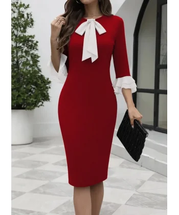 Kadın Truvakar Kollu Fiyonk Yakalı Midi Ithal Krep Elbise