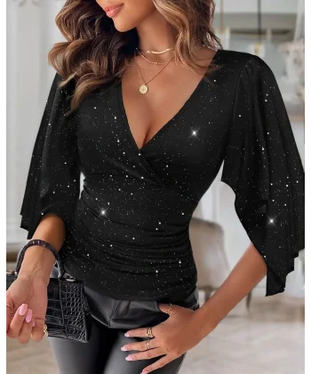 Kadın Truvakar Kollu Kruvaze Yakalı Simli Sandy Bluz