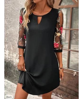 Kadın Truvakarkol çiçek Desenli Tül Kol Bisiklet Yaka çiçek Desen Sandy Salaş Kısa Elbise