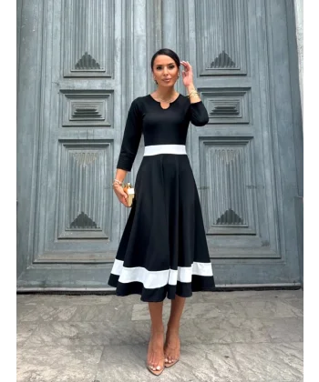 Kadın Truvakarkol Yakası Açık Blok Renkli Krep Midi Elbise