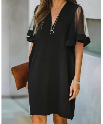 Kadın Tüllü Kısa Kollu V Yaka Krep Elbise