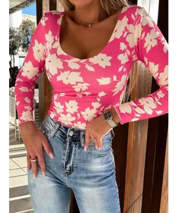 Kadın U Yaka Yaprak Baskılı Bluz