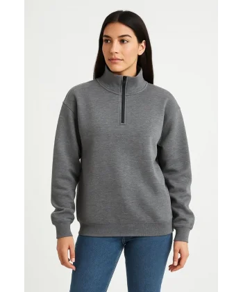 Kadın Üç İplik Dık Yaka Yarım Fermuarlı SweatShirt - Antrasit
