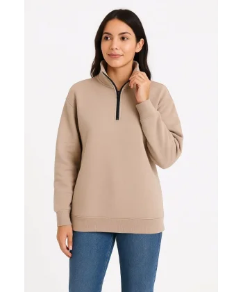 Kadın Üç İplik Dık Yaka Yarım Fermuarlı SweatShirt - Bej