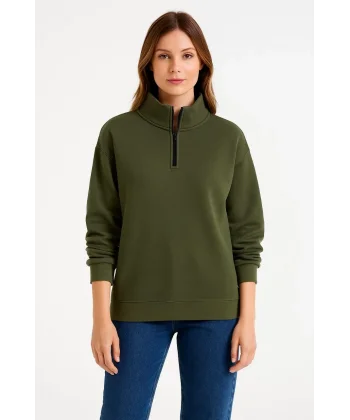 Kadın Üç İplik Dık Yaka Yarım Fermuarlı SweatShirt - Haki