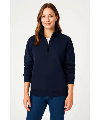 Kadın Üç İplik Dık Yaka Yarım Fermuarlı SweatShirt - Lacivert