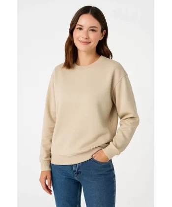 Kadın Üç İplik Düz Bisiklet Yaka SweatShirt - Bej