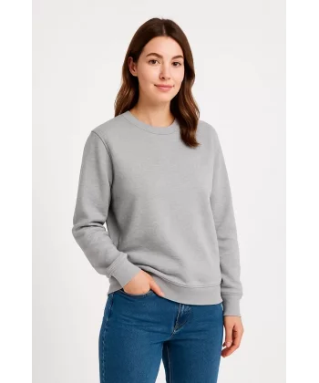 Kadın Üç İplik Düz Bisiklet Yaka SweatShirt - Gri
