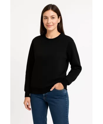 Kadın Üç İplik Düz Bisiklet Yaka SweatShirt - Siyah