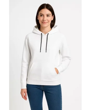 Kadın Üç İplik Kapüşonlu Kanguru Çepli SweatShirt hoodie - Beyaz
