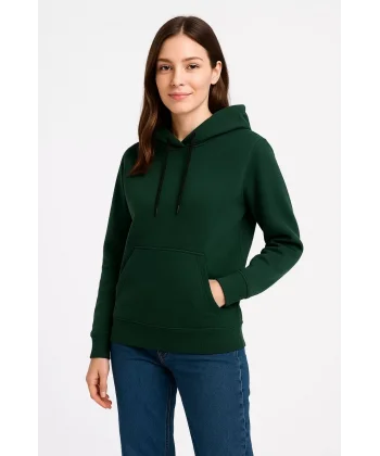 Kadın Üç İplik Kapüşonlu Kanguru Cepli Sweatshirt hoodie - Haki