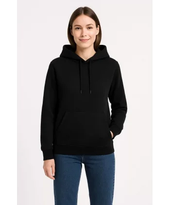 Kadın Üç İplik Kapüşonlu Kanguru Cepli Sweatshirt hoodie - Siyah