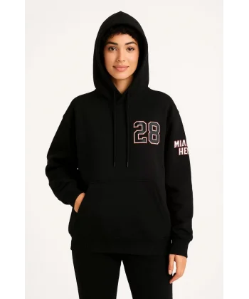 Kadın Üç İplik Kapüşonlu Ön ve Arka Baskılı SweatShirt hoodie - Siyah