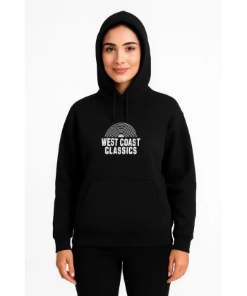 Kadın Kapşonlu Sweatshirt – Oversize Üç İplik Şardonlu Hoodie, “West Coast Classics” Ön & Arka Baskılı, Kanguru Cepli Kışlık Günlük Stil - Siyah