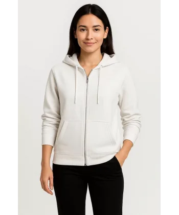 Kadın Üç İplik Kapüşonlu Tam Fermuarlı Kanguru Çepli SweatShirt Hoodie - Beyaz