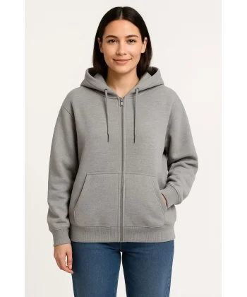Kadın Üç İplik Kapüşonlu Tam Fermuarlı Kanguru Çepli SweatShirt Hoodie - Gri