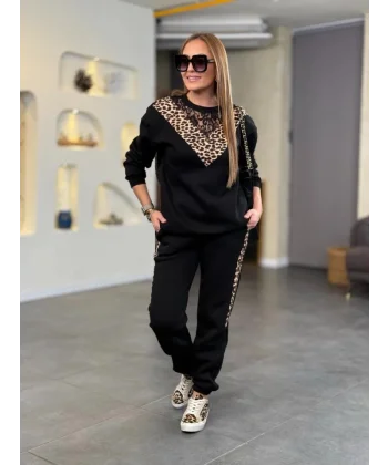 Kadın üç Iplik Kumaş Leopar Desenli Dantel Detaylı Ikili Takım