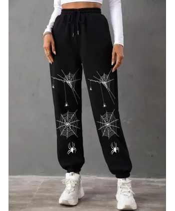 Kadın Üç İplik Örümcek Baskılı Eşofman Altı - Siyah