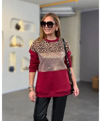 Kadın üç Iplik şardonlu Kumaş eopar Desenli Bluz