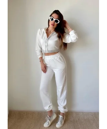 Kadın Üç İplik Şardonsuz Kumaş Taş Detaylı Eşofman Takımı