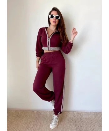 Kadın Üç İplik Şardonsuz Kumaş Taş Detaylı Eşofman Takımı