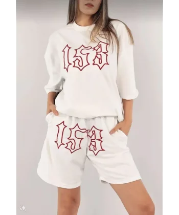 Kadın Unisex Nakış İşlemeli Şort Takım - Beyaz