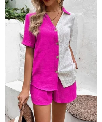 Kadın üslim Keten Kumaş çiftren şort Gömlek Takım