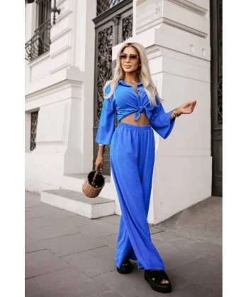 Kadın Üst Geniş Manşet Gömlek, Alt Geniş Paça Beli Lastikli Cepli Pantolon Aerobin Takım