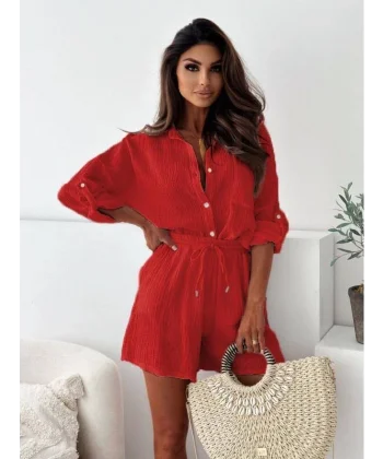 Kadın Üst Kol Apolet Detaylı Gömlek, Alt Beli Lastikli Şort Müslin Kumaş İkili Takım