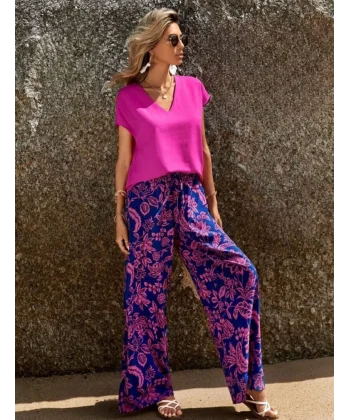 Kadın Üst Sandy Kumaş V Yaka Bluz Alt Mikro Kumaş Çiçek Desenli Pantolon İkili Takım